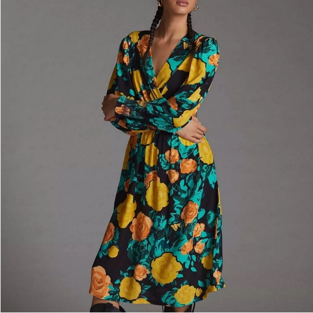 Anthropologie Plenty Yellow & Orange Black Floral Long Sleeve V-neck Dress XL